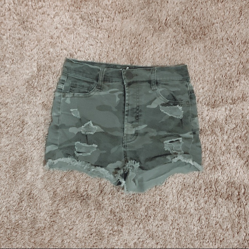 Refuge High Rise Cheeky Camo Jean Shorts